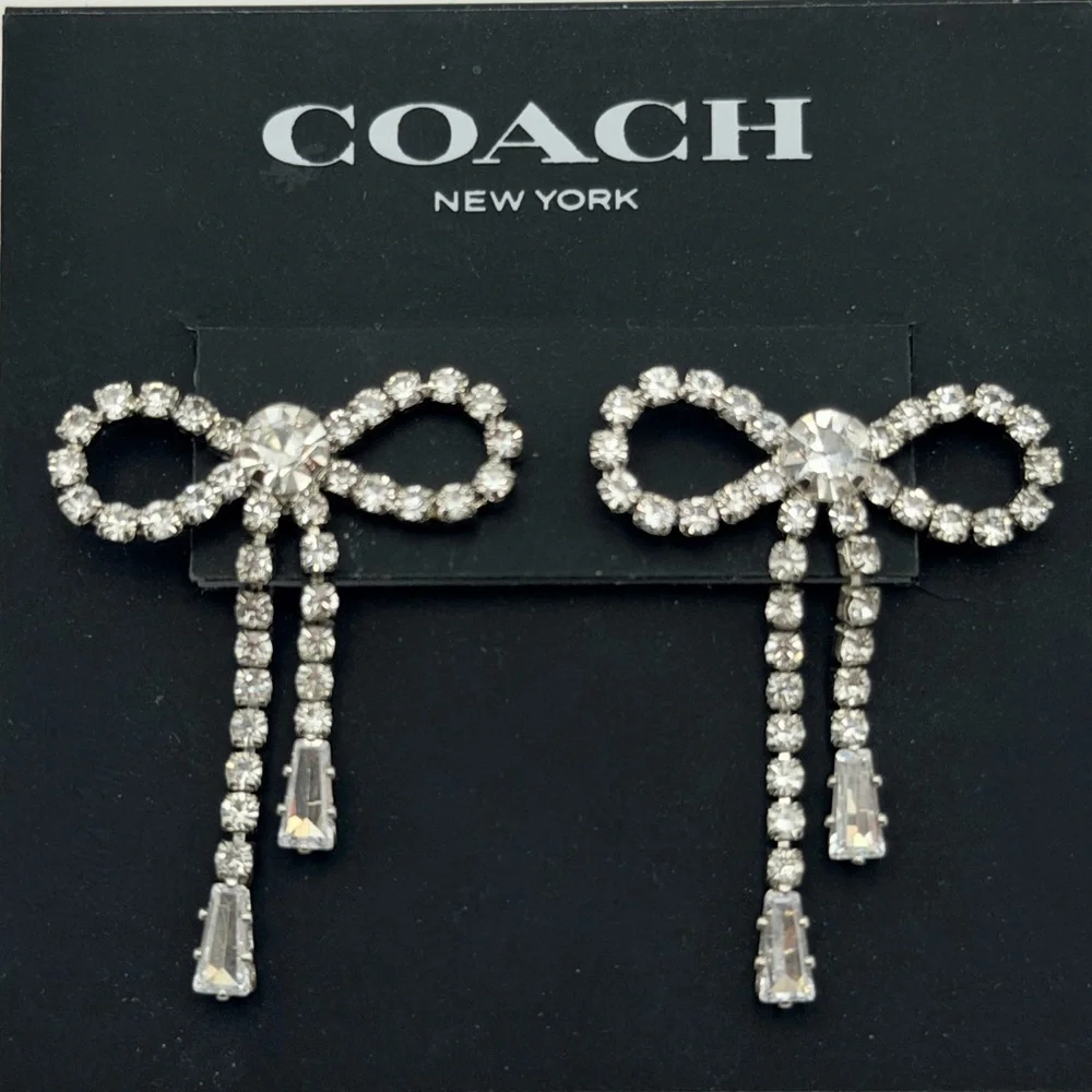 NWT Coach Crystal Pavé Bow Fringe Earrings – Clear Rhinestone Studs MSRP $118 - Picture 8 of 9
